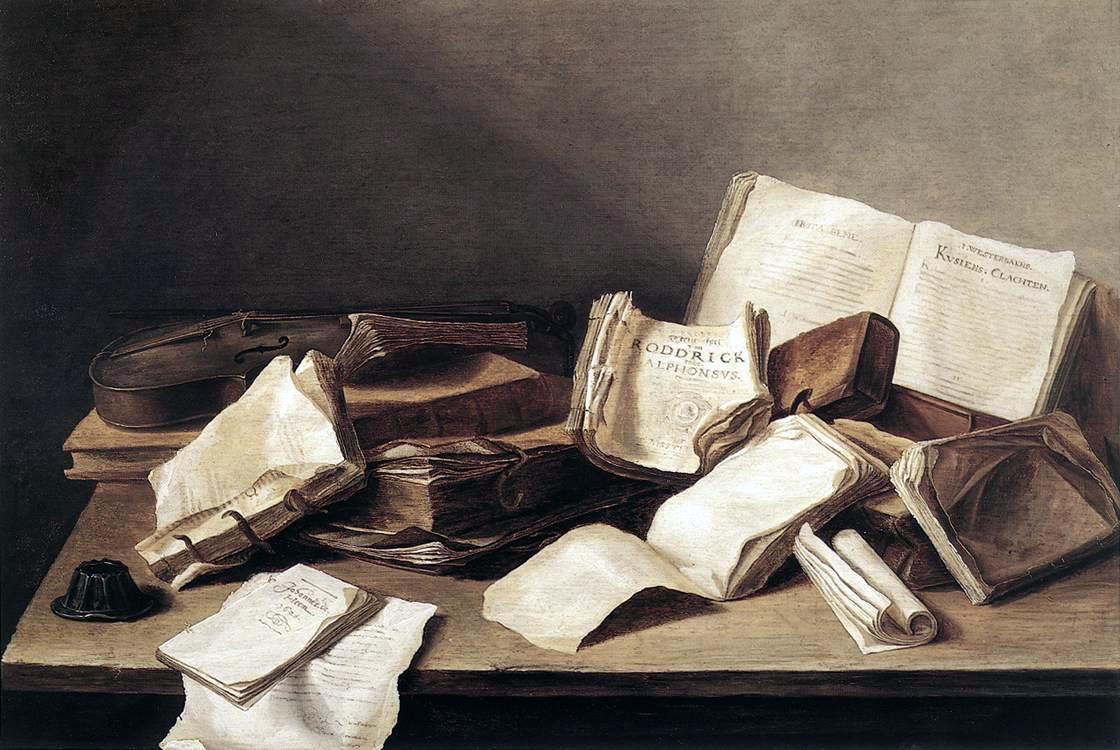 Jan Davidsz. de Heem, Still Life with Books and a Violin, 1628: an oil still-life of worn, stacked and open books with a violin and loose papers